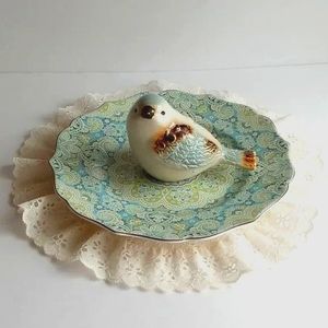 Upcycled Lyria Teal Plate with Ceramic Bird Serving Dish One of a Kind